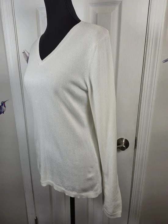 Caroline Grace Ivory Cotton Cashmere V-Neck Pointelle Trim Sweater M - Picture 3 of 6